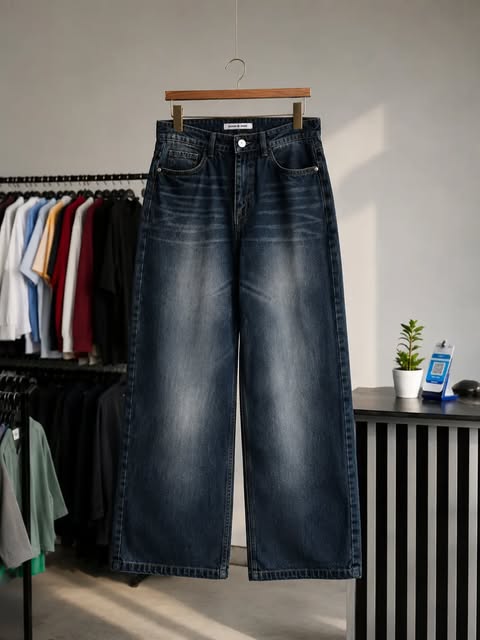 Dark blue wide-leg jeans with faded front panels on a wooden hanger.